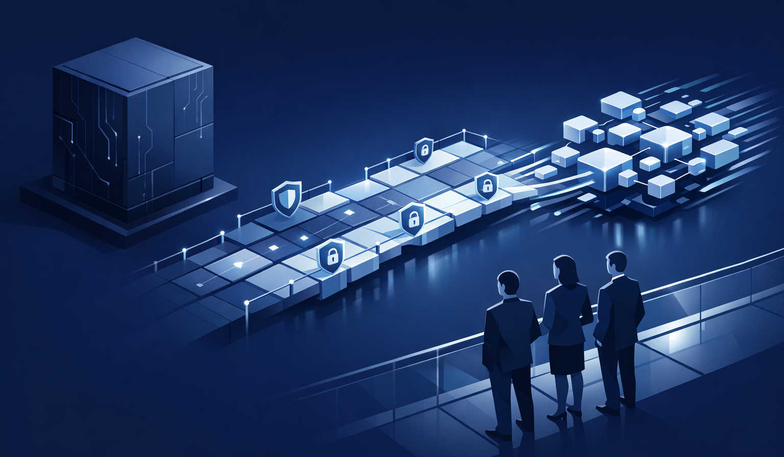 Modern, flat isometric illustration showing “agentic AI” turning a legacy insurance core into a safe training ground. Left: a refined, dark-navy (#0D2)