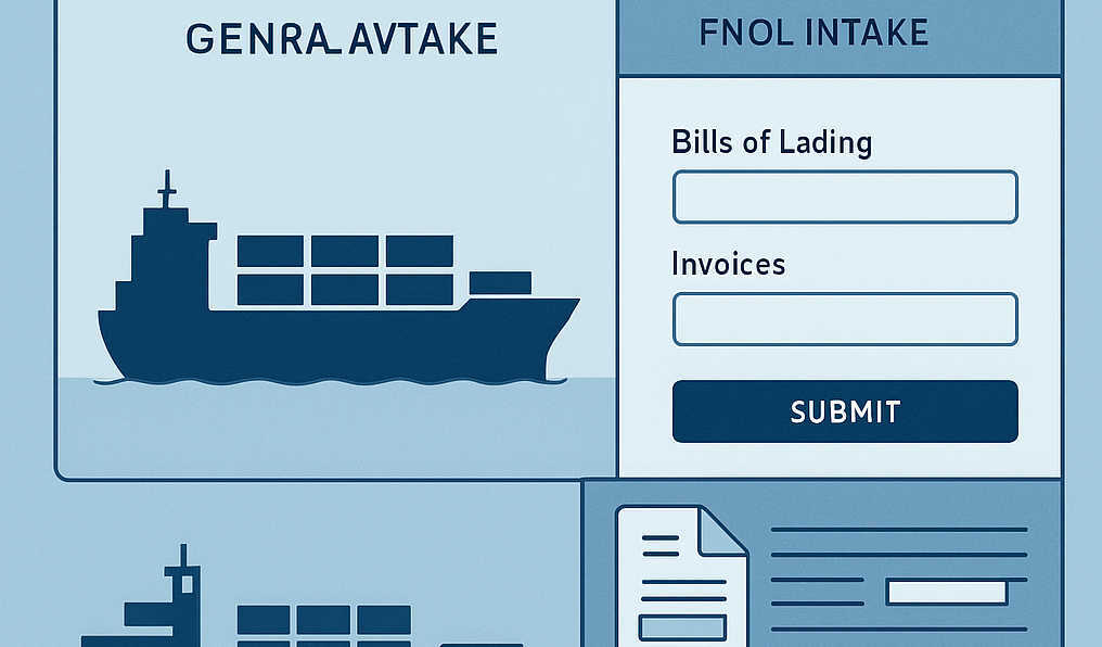 Marine insurance claims dashboard focused on General Average with digital intake, evidence-linked document viewer, and a status timeline.
