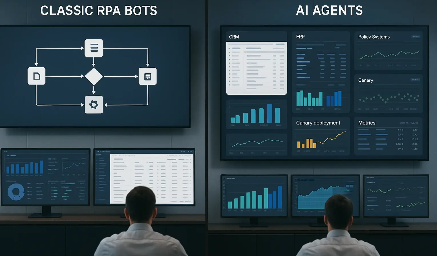 A splitscreen enterprise operations control room Left classic RPA bots executing rigid flowcharts Right AI agents orchestrating dynamic decisions across CRM ERP and policy systems with bluegreen and canary deployment charts and observability metrics