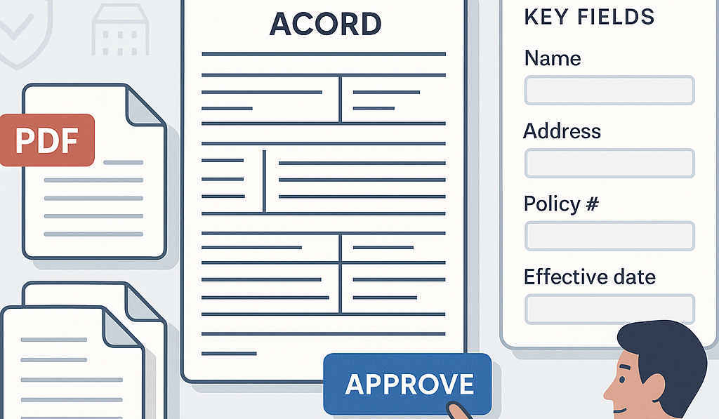Insurance underwriters in a modern office reviewing AI-assisted automated underwriting dashboards with risk scores, document previews, and approval queues in a blue enterprise interface.