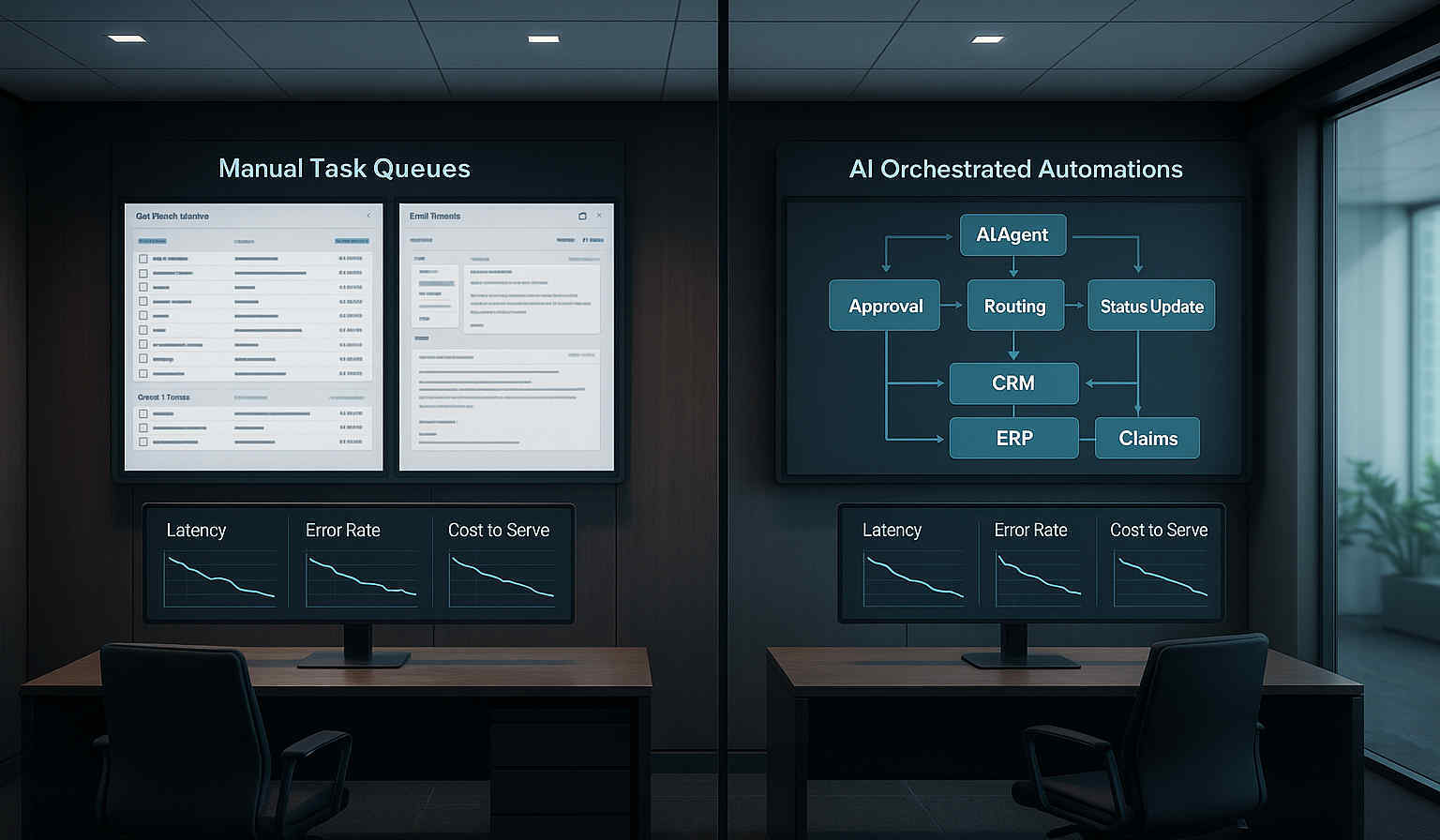 Enterprise control room showing messy manual queues on the left and AI-orchestrated workflows with falling latency and cost-to-serve on the right.