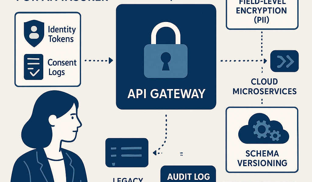 Enterprisestyle illustration of a secure API gateway for an insurer Visualize zerotrust security identity tokens consent logs fieldlevel encryption PI